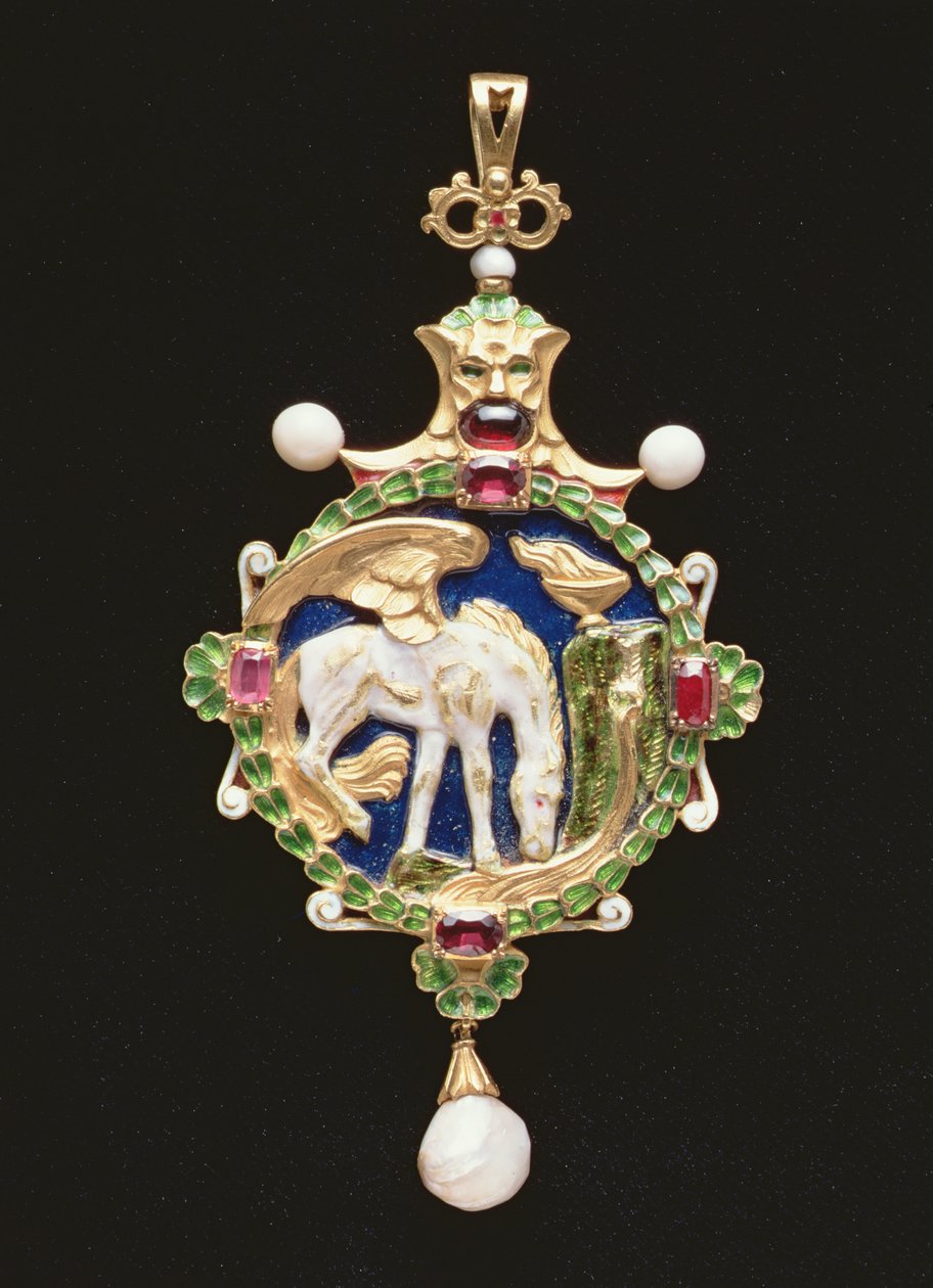 Pegasus-riipus, jossa on neiti Edith Emily Cooperin miniatyyri, suljettu, 1901 (kulta ja emali, helmiä, granaatteja ja rubiineja) (katso sisäpuoli numerosta 109663) tekijältä Charles Ricketts