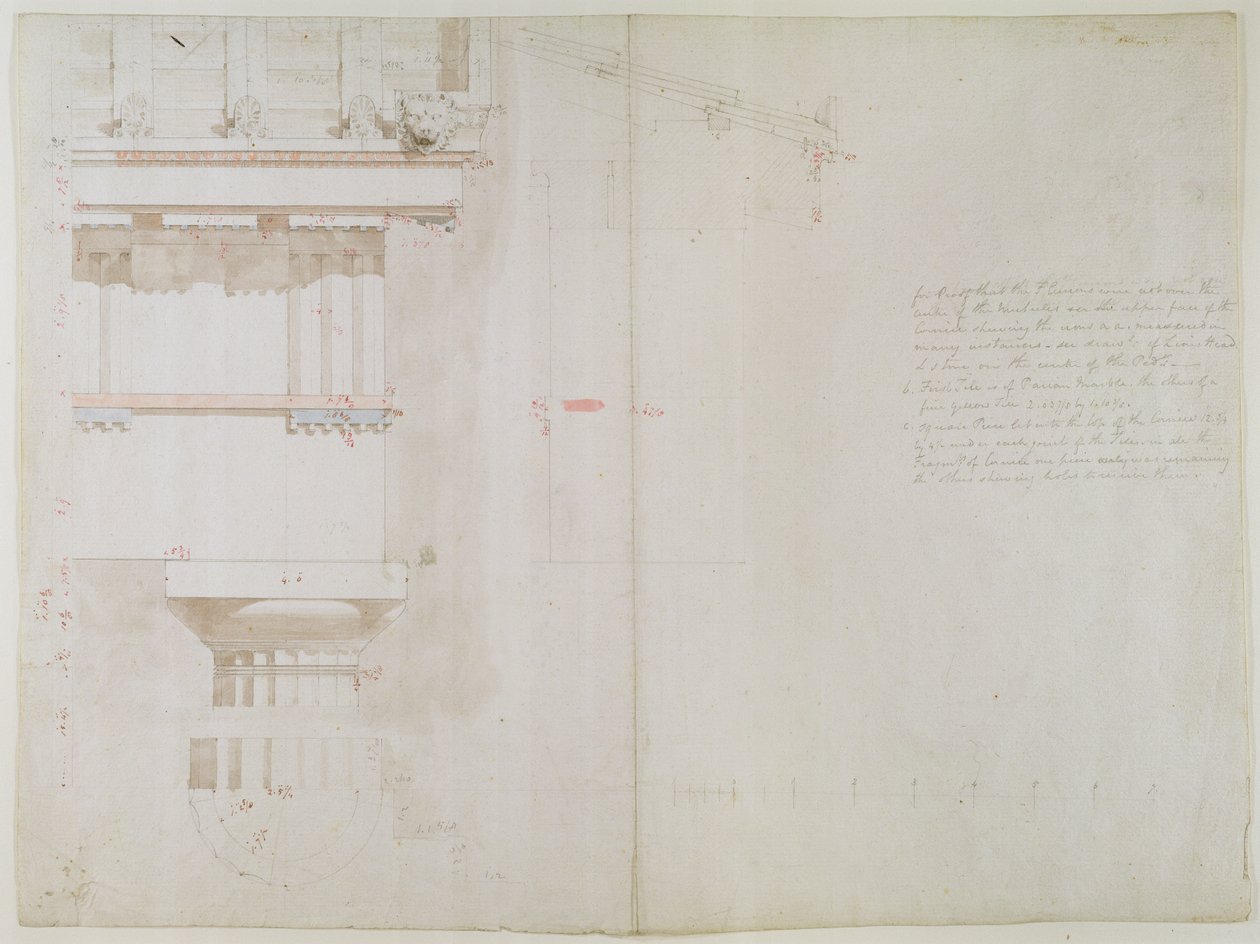 Kokoelma alkuperäisiä piirustuksia Bassacissa: Jupiter Panhelleniuksen temppelien katon korkeus ja osittainen rakenne Aeginassa, 1860 (pesu, wc ja grafiitti paperille) tekijältä Charles Robert Cockerell