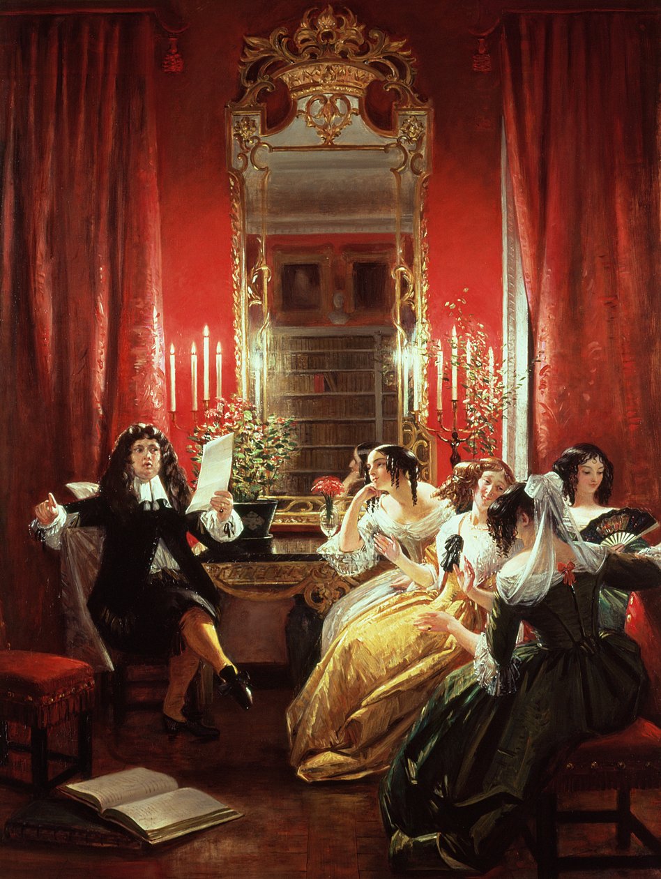 Trissotin lukemassa sonettiaan Molieren (1622-73) Les Femmes Savantesista 1846 tekijältä Charles Robert Leslie