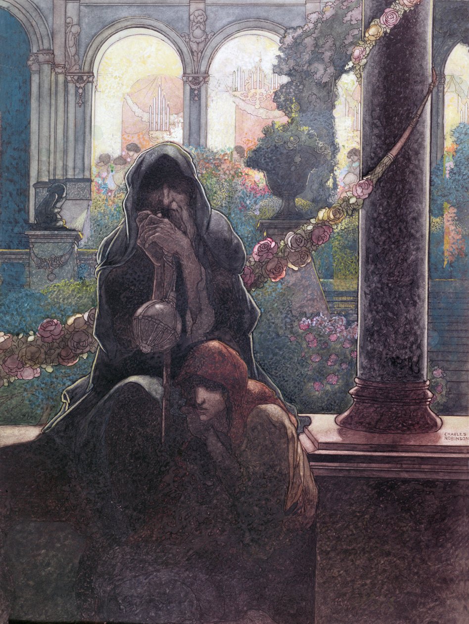 "Rikkaat iloitsemassa kauniissa taloissaan kerjäläisten istuessa porteilla", 1913 tekijältä Charles Robinson