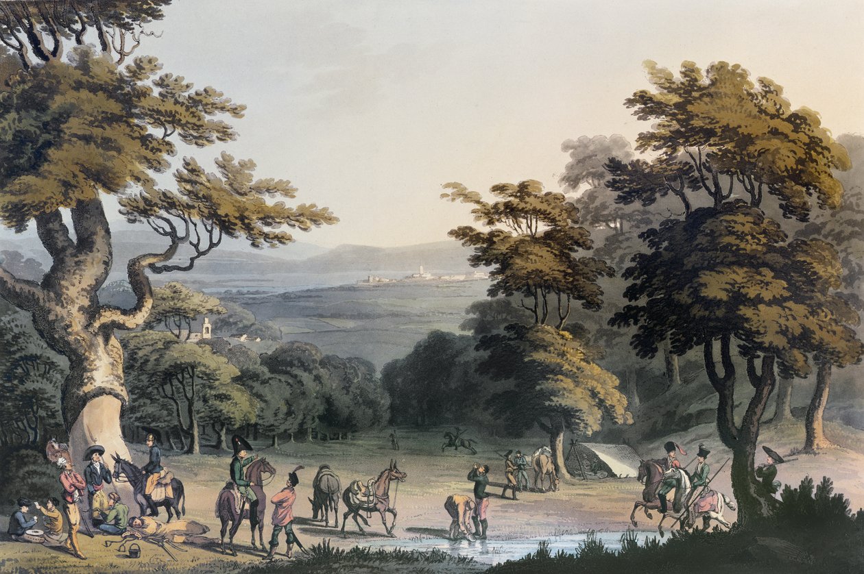 Kaukainen näkymä Ciudad Rodrigosta otettu tammimetsästä Espejan kylän läheltä, 1813 tekijältä Charles Turner