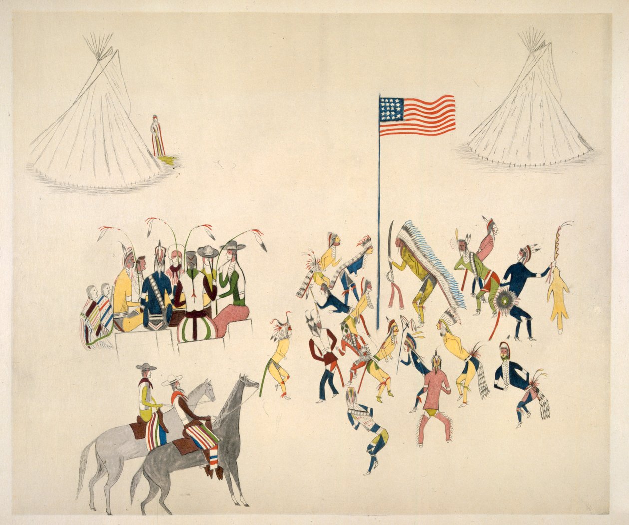 Shoshone-tanssi, johon osallistuivat vain miehet (pigmentti musliinilla) tekijältä Charles Washakie
