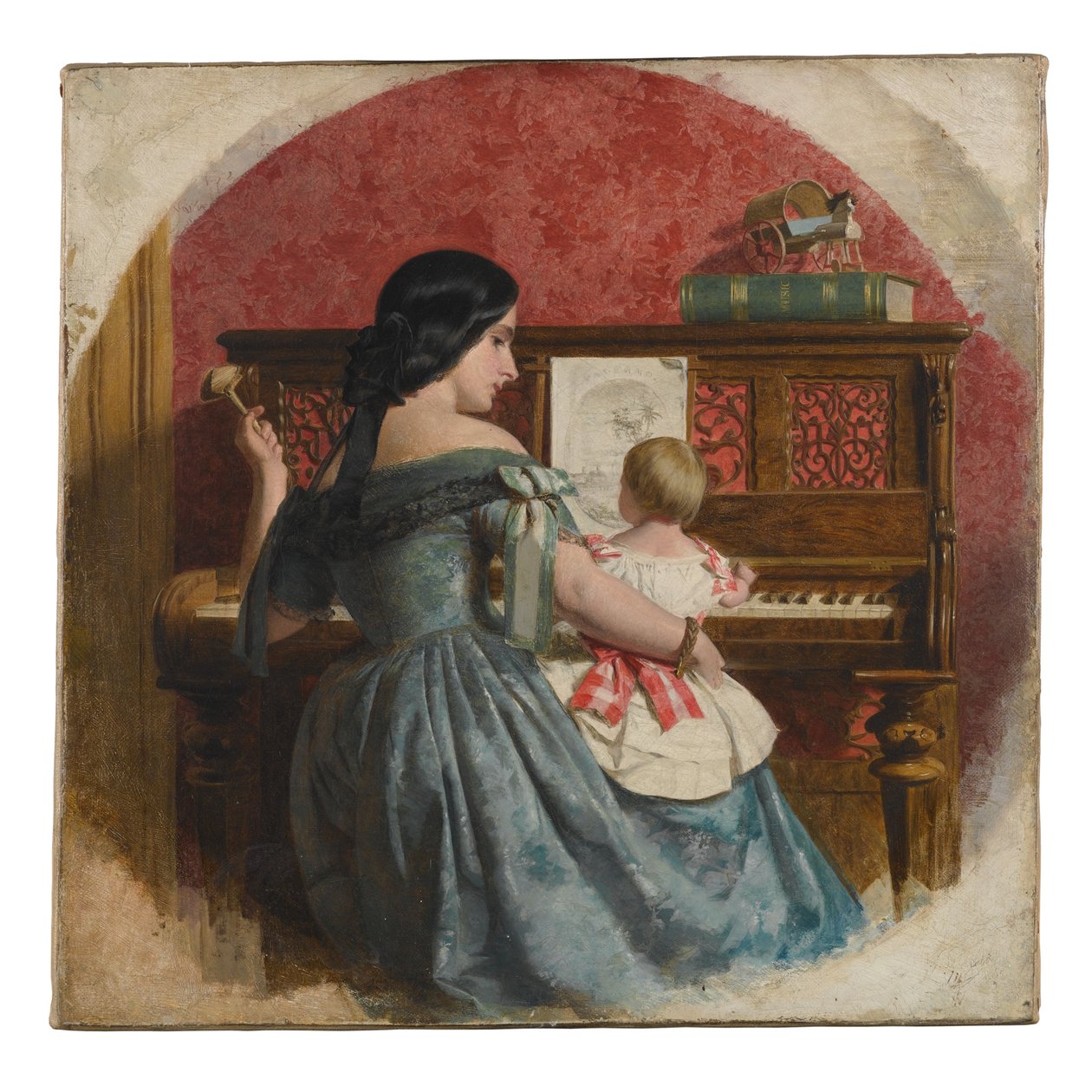 Kotimainen sisustus, äiti ja lapsi istuvat pianon ääressä, n.1860. tekijältä Charles West Cope