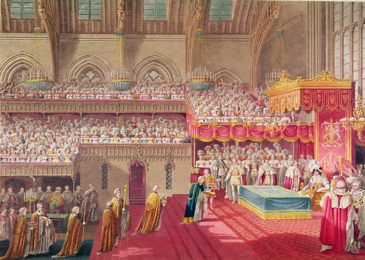 Westminsterin dekaanin ja prebendarien kulkue, jossa on Regalia, albumista, jossa juhlitaan kuningas Yrjö IV:n (1762-1830) kruunajaista 19. heinäkuuta 1821, kaivertanut Matthew Dubourg (fl.1786-). tekijältä Charles Wild
