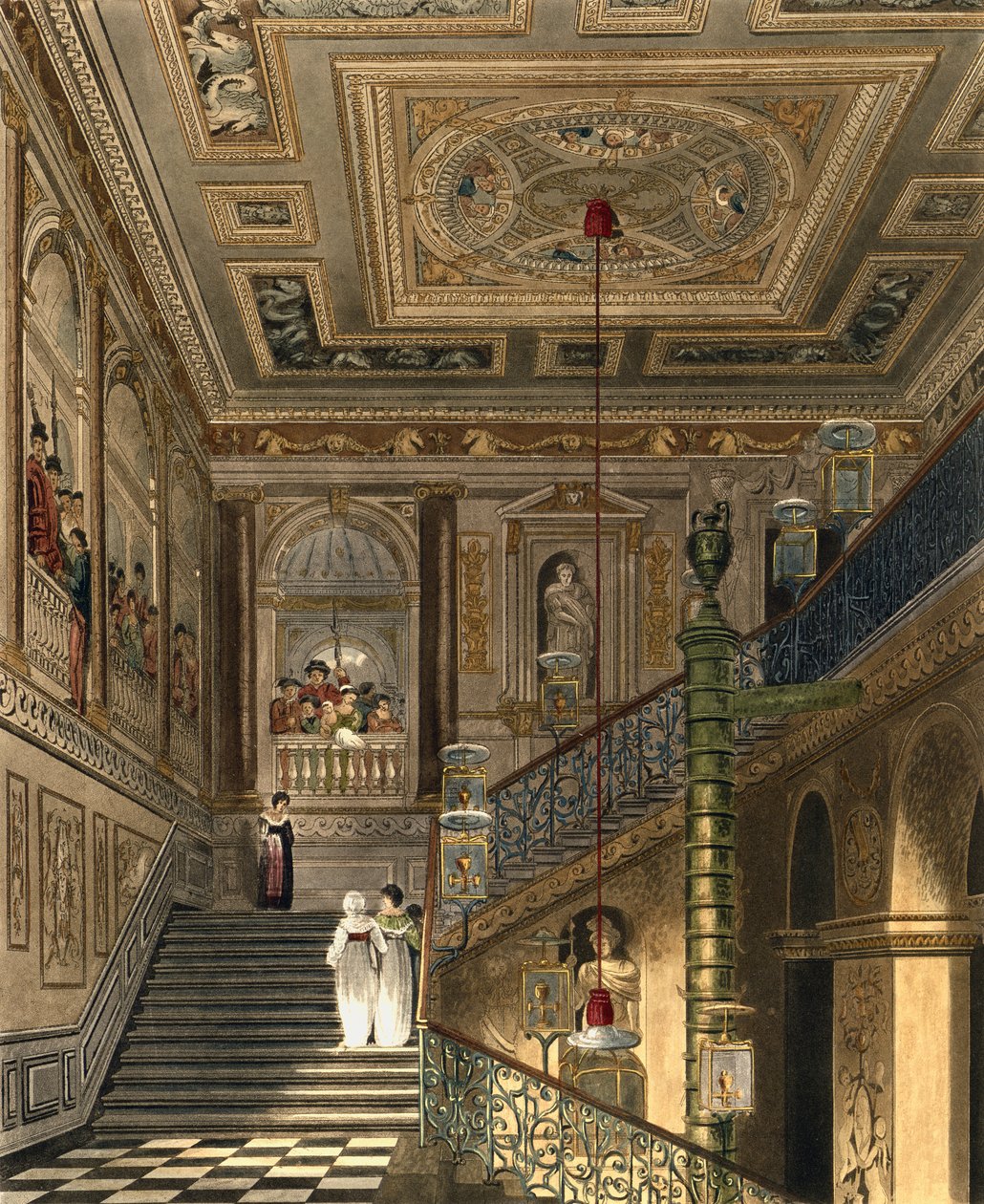 Kensingtonin palatsin suuret portaat Pynen "kuninkaallisista asunnoista", kaivertanut Richard Reeve (s.1780), julkaistu vuonna 1819 tekijältä Charles Wild
