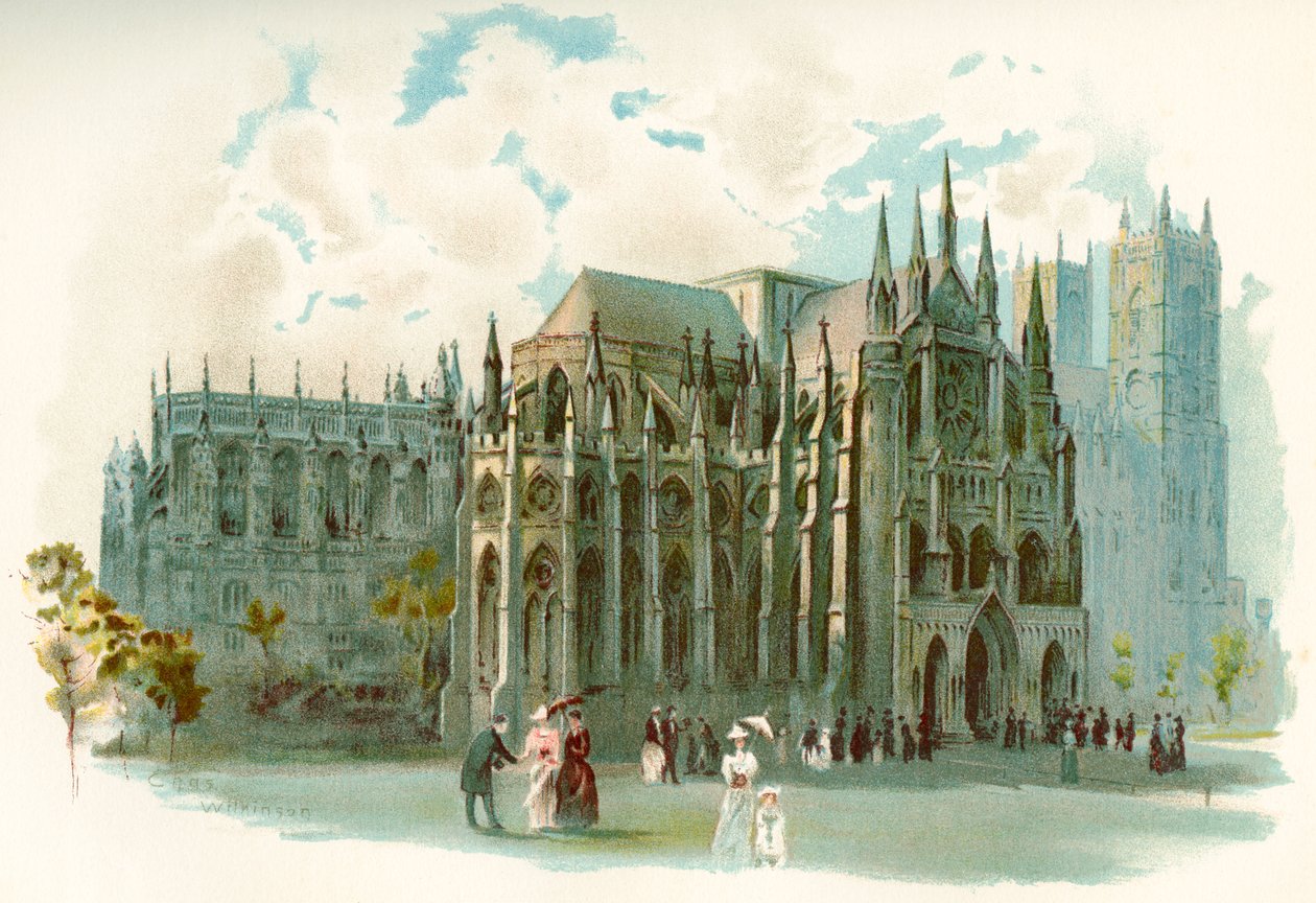 Westminster Abbey 1800-luvulla, muodollisesti nimeltään Collegiate Church of St Peter Westminsterissä, Westminsterin kaupungissa Lontoossa, Englannissa. Cassellin Englannin historiasta, julkaistu noin 1901 tekijältä Charles Wilkinson
