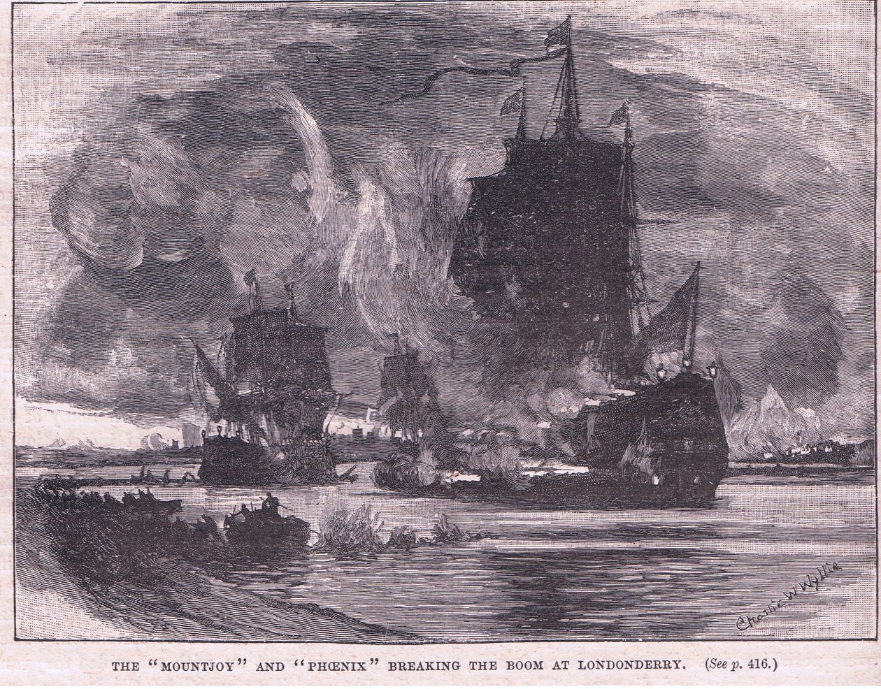 "Mountjoy" ja "Phoenix" katkaisivat nousukauden Londonderryssä 1689 jKr. tekijältä Charles William Wyllie