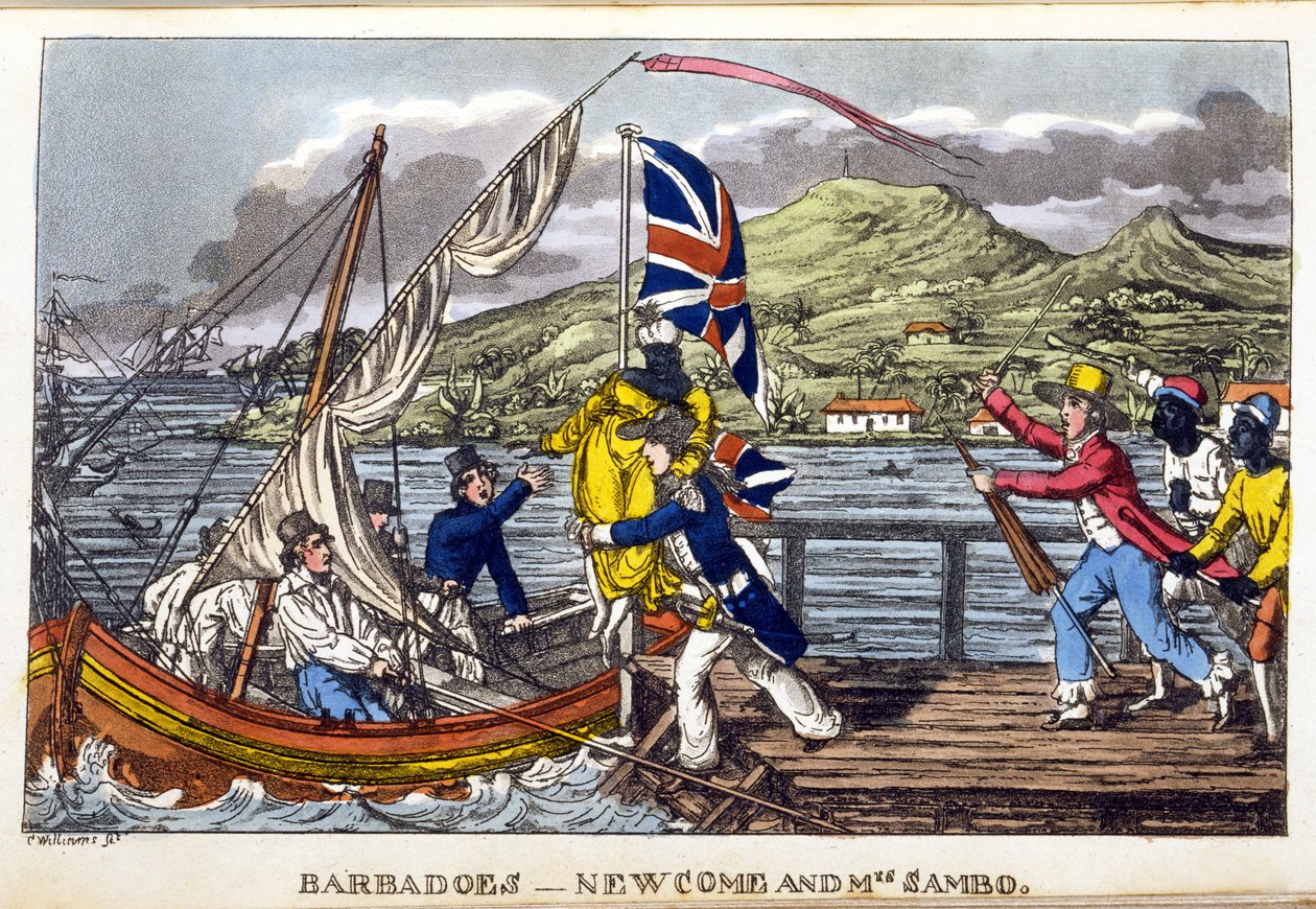 Barbados: Newcome ja Mrs Sambo, levy John Mitfordin "The Adventures of Johnny Newcome in the Navy" -sarjasta, 1818 (käsinvärinen akvatinta) tekijältä Charles Williams