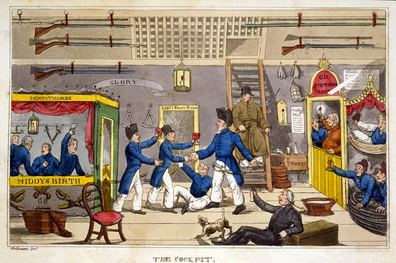 The Cockpit, levy John Mitfordin "The Adventures of Johnny Newcome in the Navy" -sarjasta, 1818 (käsinvärinen akvatinta) tekijältä Charles Williams