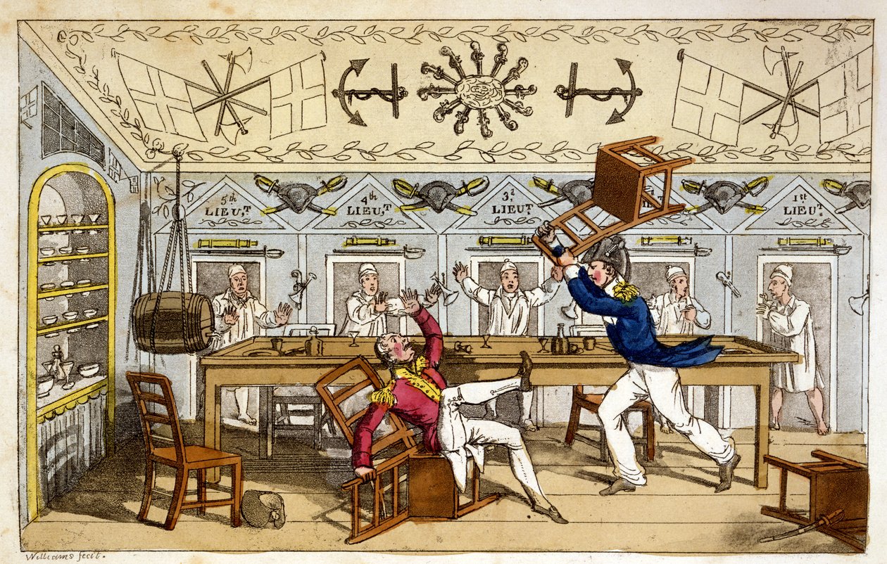 Ward Room: Newcome ja kapteeni Clackett, John Mitfordin teoksesta The Adventures of Johnny Newcome in the Navy, 1818 (käsinvärinen akvatinta) tekijältä Charles Williams