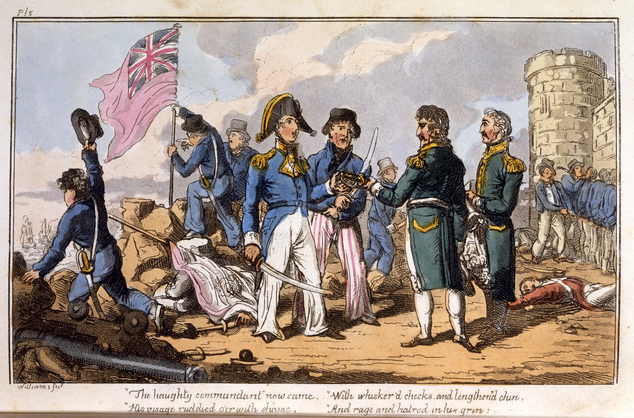 Ylimielinen komentaja tuli nyt ... teoksesta The Adventures of a Post Captain, by a Naval Officer, pub. 1820 (käsinvärjätty akvatintta). tekijältä Charles Williams