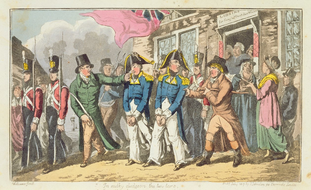Kaksi merivoimien upseeria vankilaan lähetettävänä, kuva John Mitfordin (1782-1831) teoksesta "Johnny Newcomen seikkailut merivoimissa" 1818. tekijältä Charles Williams