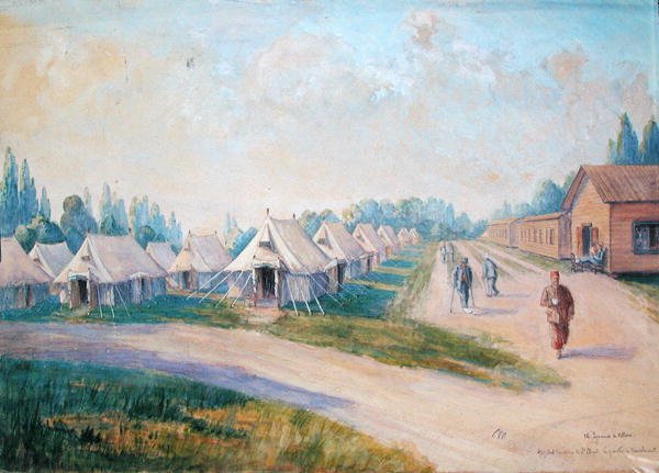 Canadian Military Hospitalin toipilaskortteli St. Cloudissa (akvarelli paperille) tekijältä Charles Andre Igounet de Villers