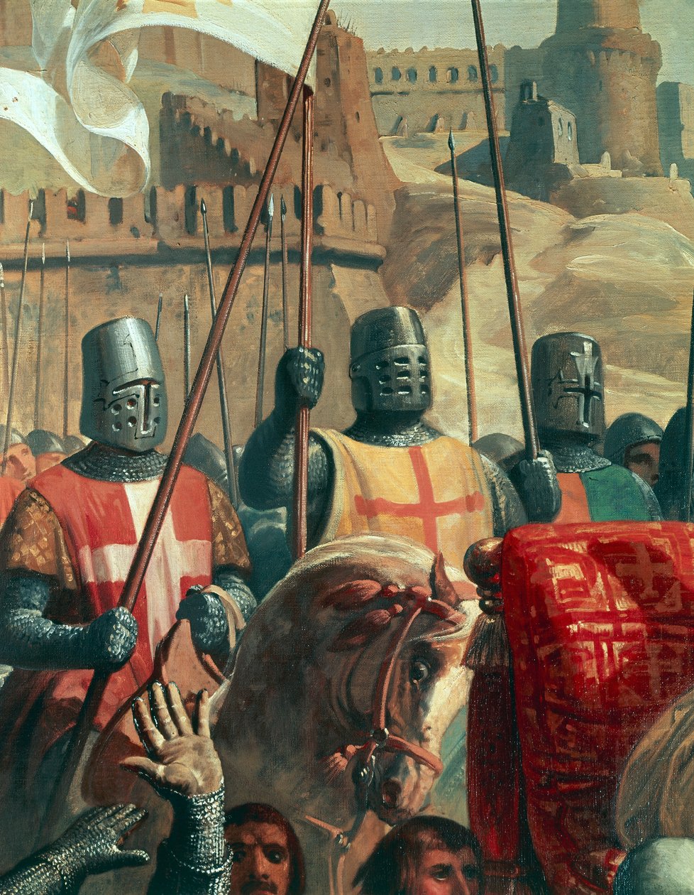 Cavaleiros cruzados, detalhe da batalha de Ascalon entre Godfrey de Bouillon e os egípcios de Al Afdal, pintura de Charles-Philippe Lariviere (1798-1876) finlandês tekijältä Charles Philippe Lariviere