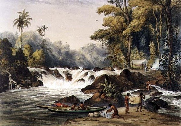 Joulukaihi Berbice-joella, "Näkymiä Guyanan sisätiloissa", kaiverrettu Paul Gauci (fl.1834-67) pub. kirjoittanut Ackermann tekijältä Charles (after) Bentley