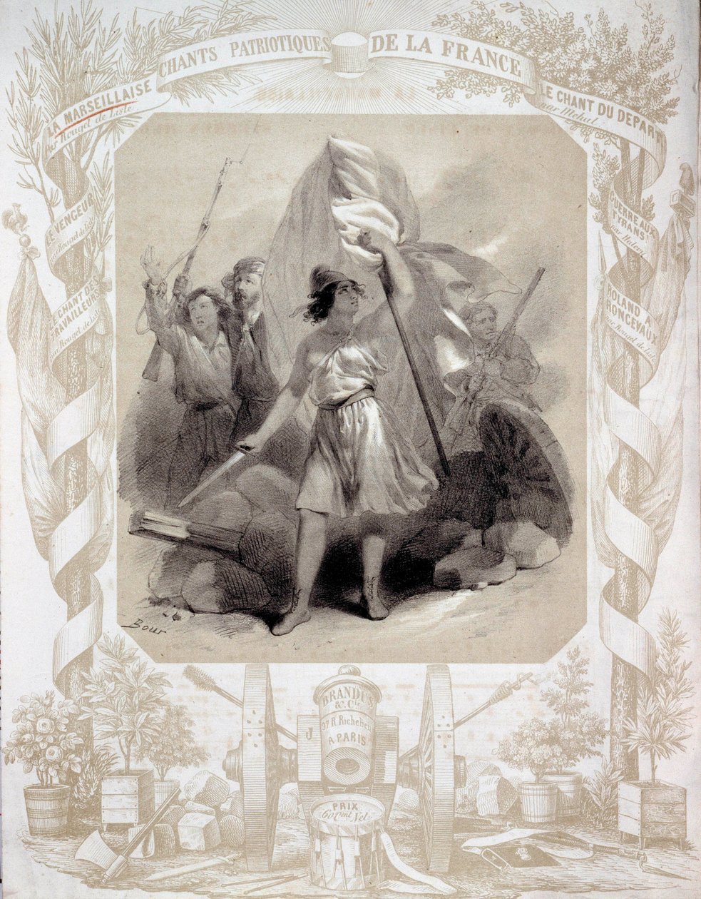 Allegoria Ranskan isänmaallisiin lauluihin. Bourin piirustus (1800-luku). Paris, B.N. tekijältä Charles (after) Bour