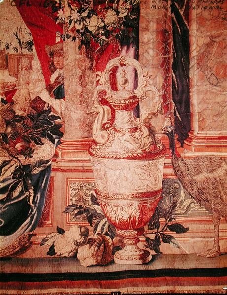 Tammikuu, Les Maisons Royalesin kuvakudossarjasta, tuotettu Louis XIV:n Gobelins Workshopissa (kuvakudos) (yksityiskohta 391182) tekijältä Charles (after) Le Brun