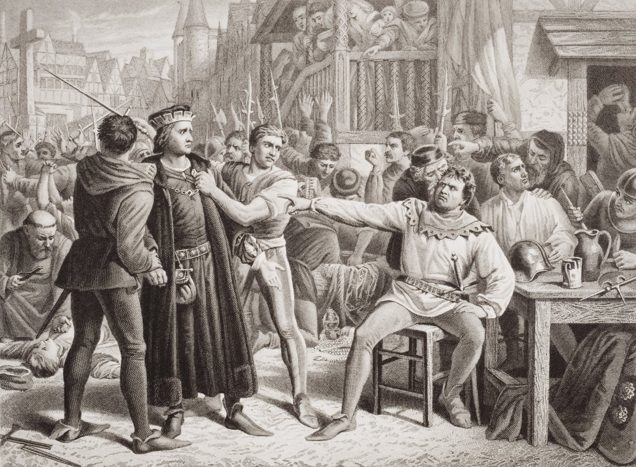 Lordi Saye ja Sele Jack Caden eteen 4. heinäkuuta 1450, Englannin ja Skotlannin historian kuvituksia, osa I (kaiverrus). tekijältä Charles (after) Lucy