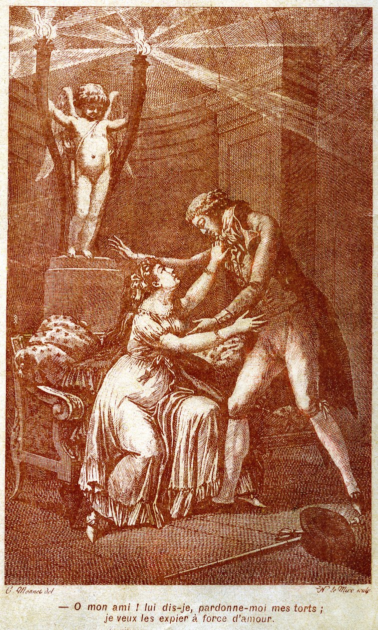 Kuvitus Choderlos de Laclosin (1741-1803) epistolaariromaaniin ”Dangerous Liaisons” (kaiverrus) tekijältä Charles (after) Monnet
