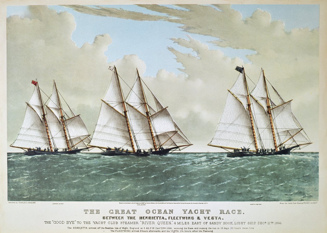 Great Ocean Yacht Race vuodelta 1866 Henriettan, Vestan ja Fleetwingin välillä, julkaisija Currier & Ives tekijältä Charles (after) Parsons
