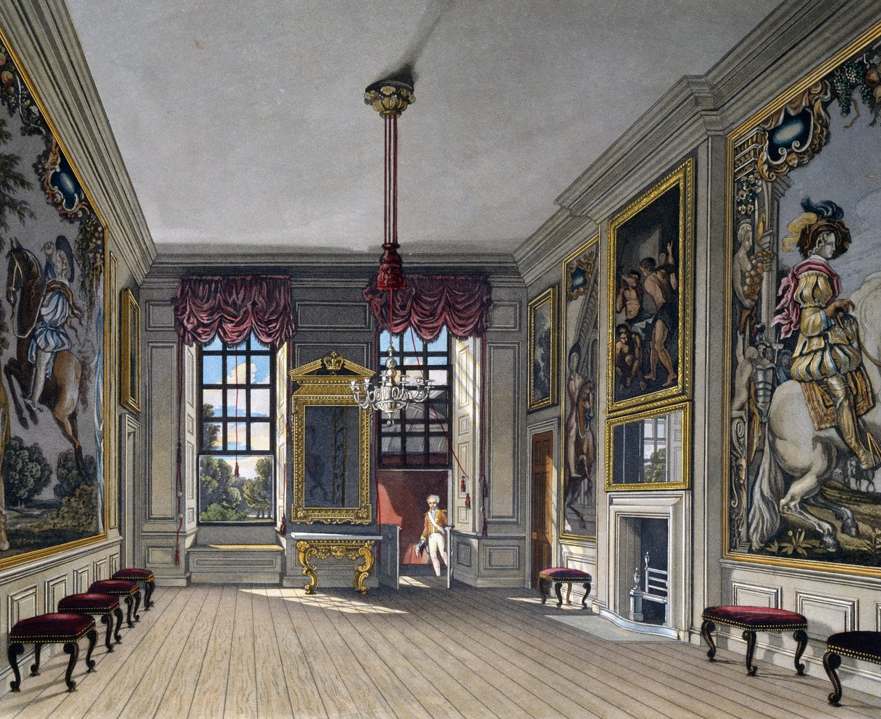Audience Hall of Queen, Kaiverrus William James Bennett (1787-1844), Perustuu Charles Wildin (1781-1835) suunnitteluun, The History of the Royal Residences tekijältä Charles (after) Wild