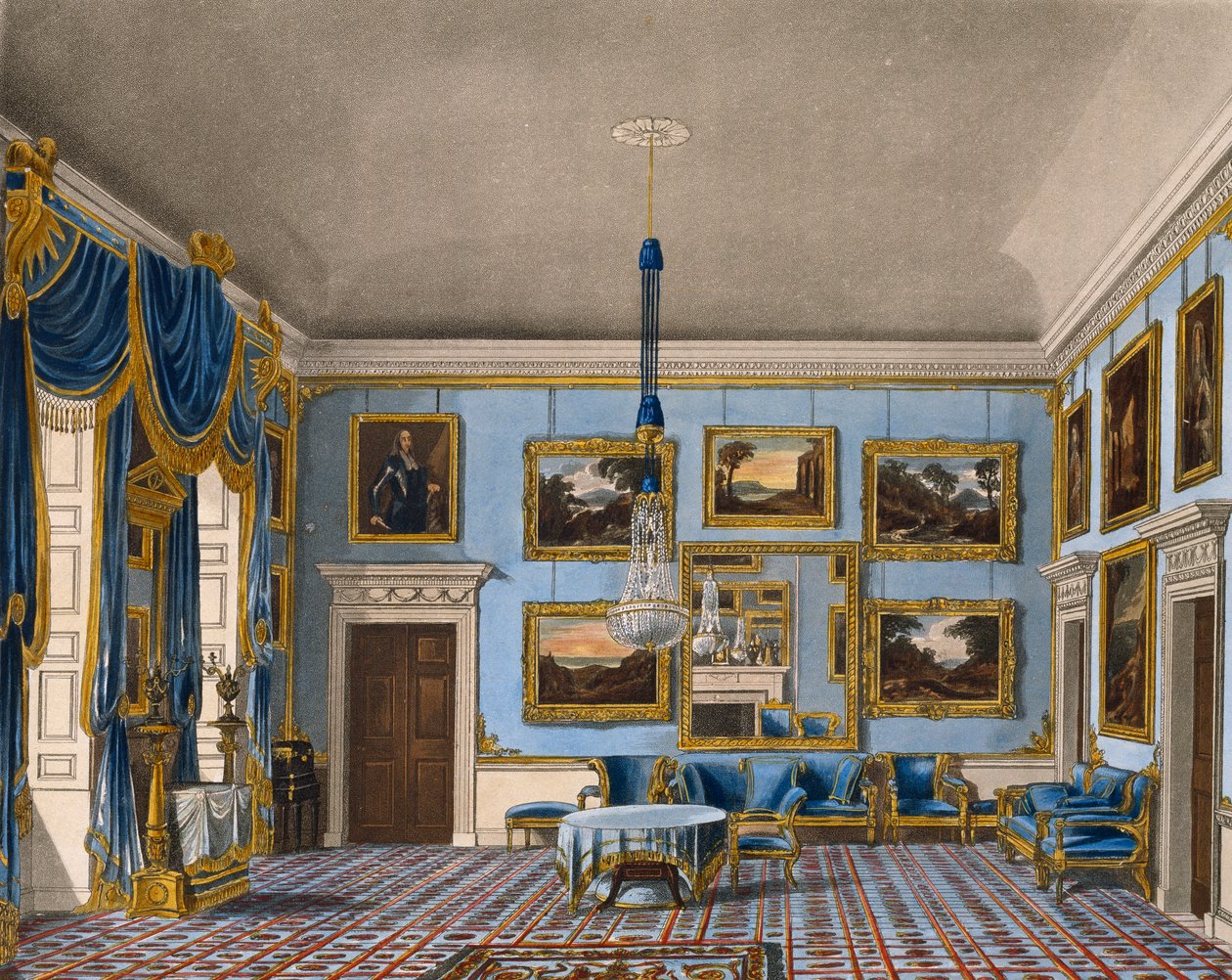 Sininen samettisali, Kaiverrus Daniel Havell (1785-1826), Perustuu Charles Wildin (1781-1835) suunnitteluun, Kuninkaallisten asuntojen historiasta tekijältä Charles (after) Wild