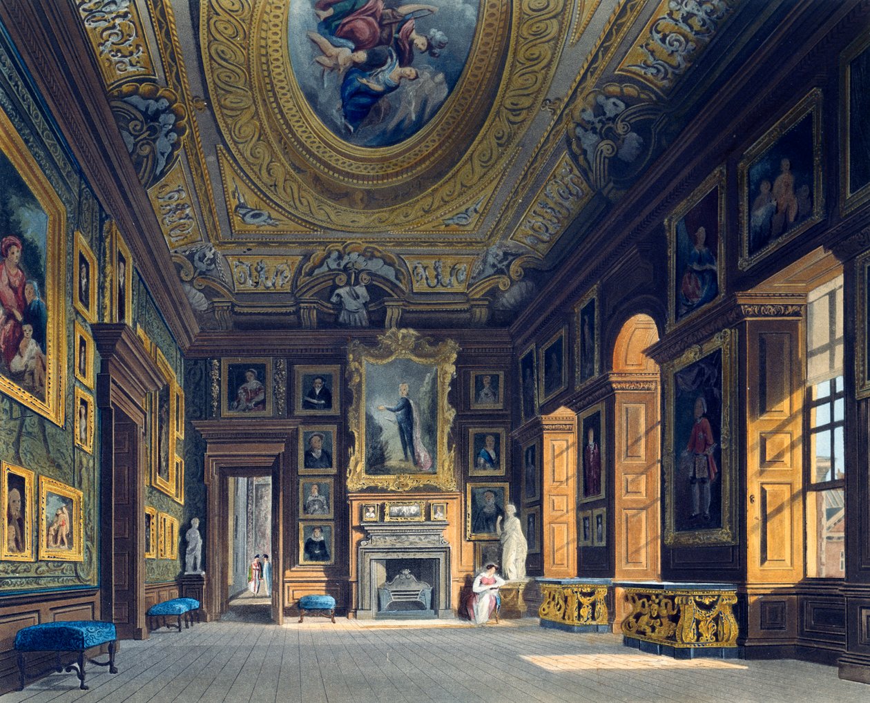 Kuningatar Carolinen salonki, kaiverrus Thomas Sutherland (1785-1838), Perustuu Charles Wildin (1781-1835) suunnitteluun, Kuninkaallisten asuntojen historiasta tekijältä Charles (after) Wild