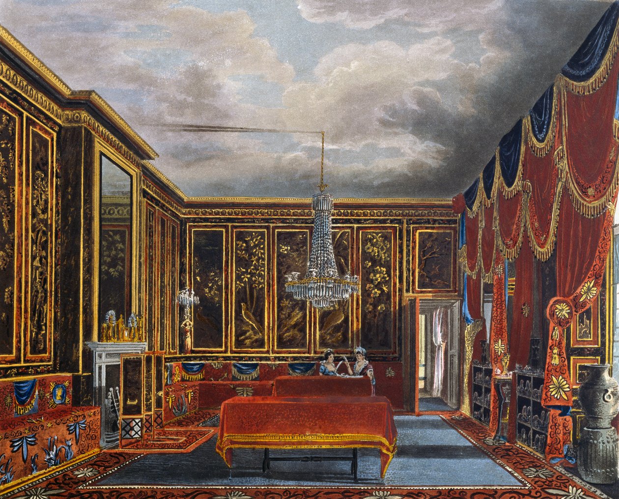 Japanilainen huone, Kaiverrus Richard Reeve (s. 1780), Perustuu Charles Wildin (1781-1835) suunnitteluun, From The History of the Royal Residences tekijältä Charles (after) Wild