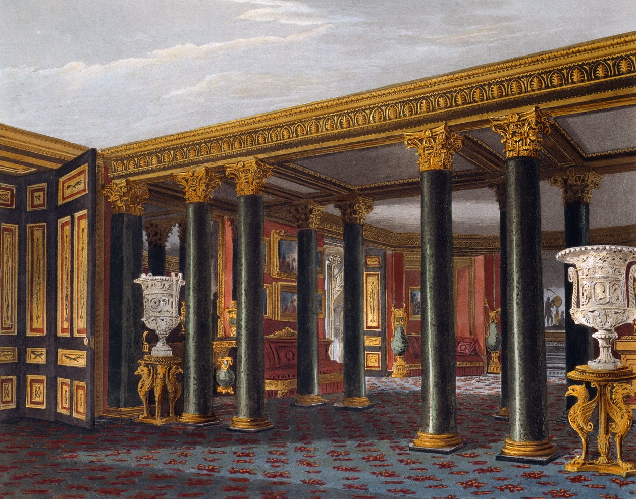 Alempi eteinen, Kaiverrus Richard Reeve (s. 1780), Perustuu Charles Wildin (1781-1835) suunnitteluun, The History of the Royal Residences tekijältä Charles (after) Wild