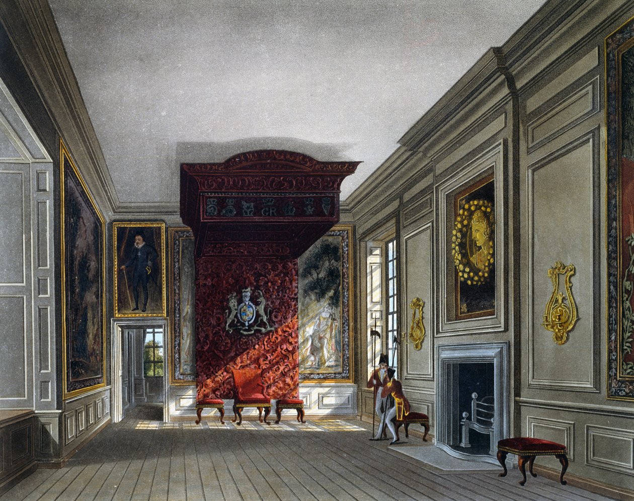 Kingin kokoushuone, Thomas Sutherlandin (1785-1838) kaiverrus, Charles Wildin (1781-1835) suunnittelun perusteella, Kuninkaallisten asuntojen historiasta tekijältä Charles (after) Wild