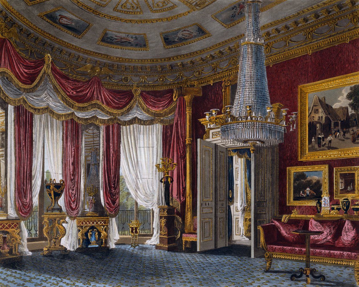Vaaleanpunainen satiininen salonki, kaiverrus Richard Reeve (s. 1780), Perustuu Charles Wildin (1781-1835) suunnitteluun, The History of the Royal Residences tekijältä Charles (after) Wild
