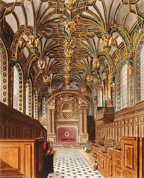 Kappeli, Hampton Court, teoksesta "The History of the Royal Residences", kaiverrus Richard Reeve (s.1780), William Henry Pyne (1769-1843) tekijältä Charles (after) Wild