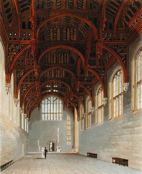 Gothic Hall, Hampton Court, teoksesta "The History of the Royal Residences", kaiverrus William James Bennett (1769-1844), William Henry Pyne (1779-1843) tekijältä Charles (after) Wild