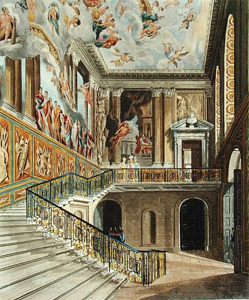 Ang Great Staircase sa Hampton Court Palace mula sa Pyne