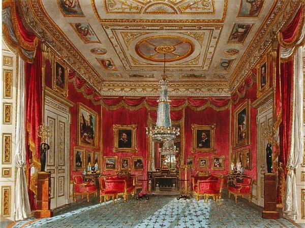Rose Satin Drawing Room, Carlton House, teoksesta "The History of the Royal Residences", kaiverrus Daniel Havell (1785-1826), William Henry Pyne (1769-1843) tekijältä Charles (after) Wild