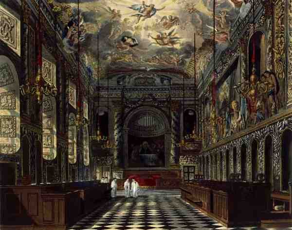 Kuninkaallinen kappeli, Windsorin linna, "Royal Residences", kaiverrus Thomas Sutherland (s.1785), pub. Kirjailija: William Henry Pyne (1769-1843) tekijältä Charles (after) Wild