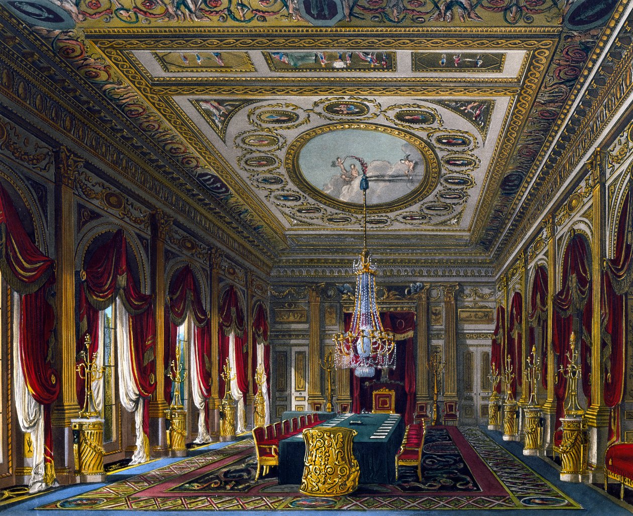 Throne Room, kaiverrus Thomas Sutherland (1785-1838), perustuu Charles Wildin (1781-1835) suunnitteluun, The History of the Royal Residences tekijältä Charles (after) Wild