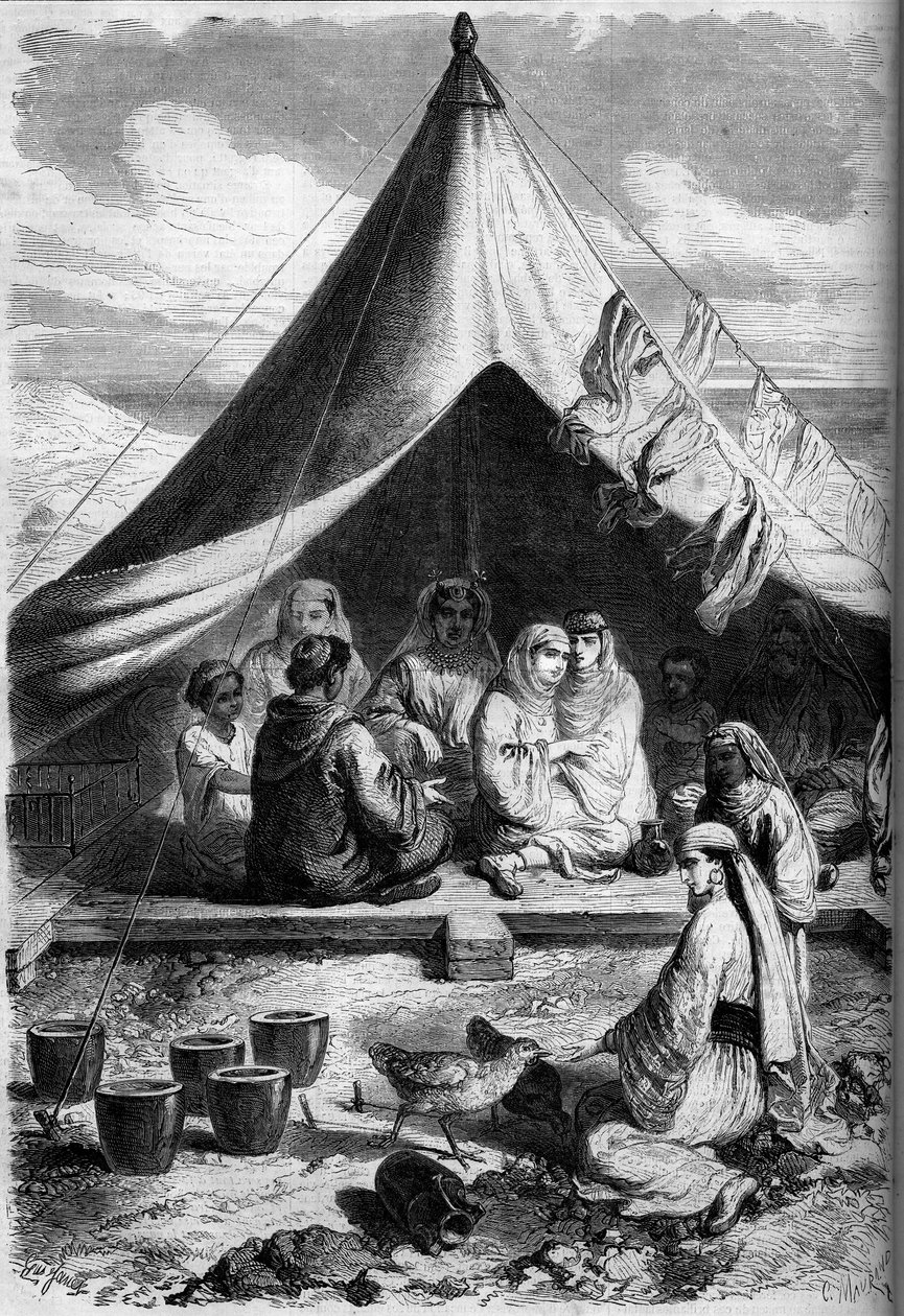 Juutalainen perhe Marokosta pakeni Gibraltarin rannikolle vuonna 1860. Yriarten luonnoksen mukaan. Kaiverrus "" Le Monde Illustré" -julkaisussa nro 146, 28. tammikuuta 1860. tekijältä Charles (after) Yriarte
