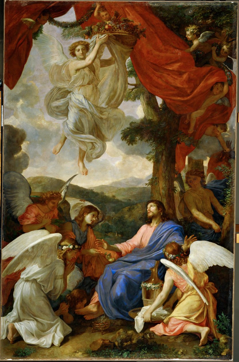 Le Christ au desert servi par les anges - Kristus erämaassa, jota enkelit palvelevat ... tekijältä Charles (attr. to) Le Brun