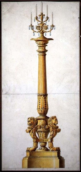 Suunnittelu uusklassiselle kynttelikkölle, n. 1820 (kynä ja muste vesivärillä paperille) tekijältä Charles (attr. to) Percier