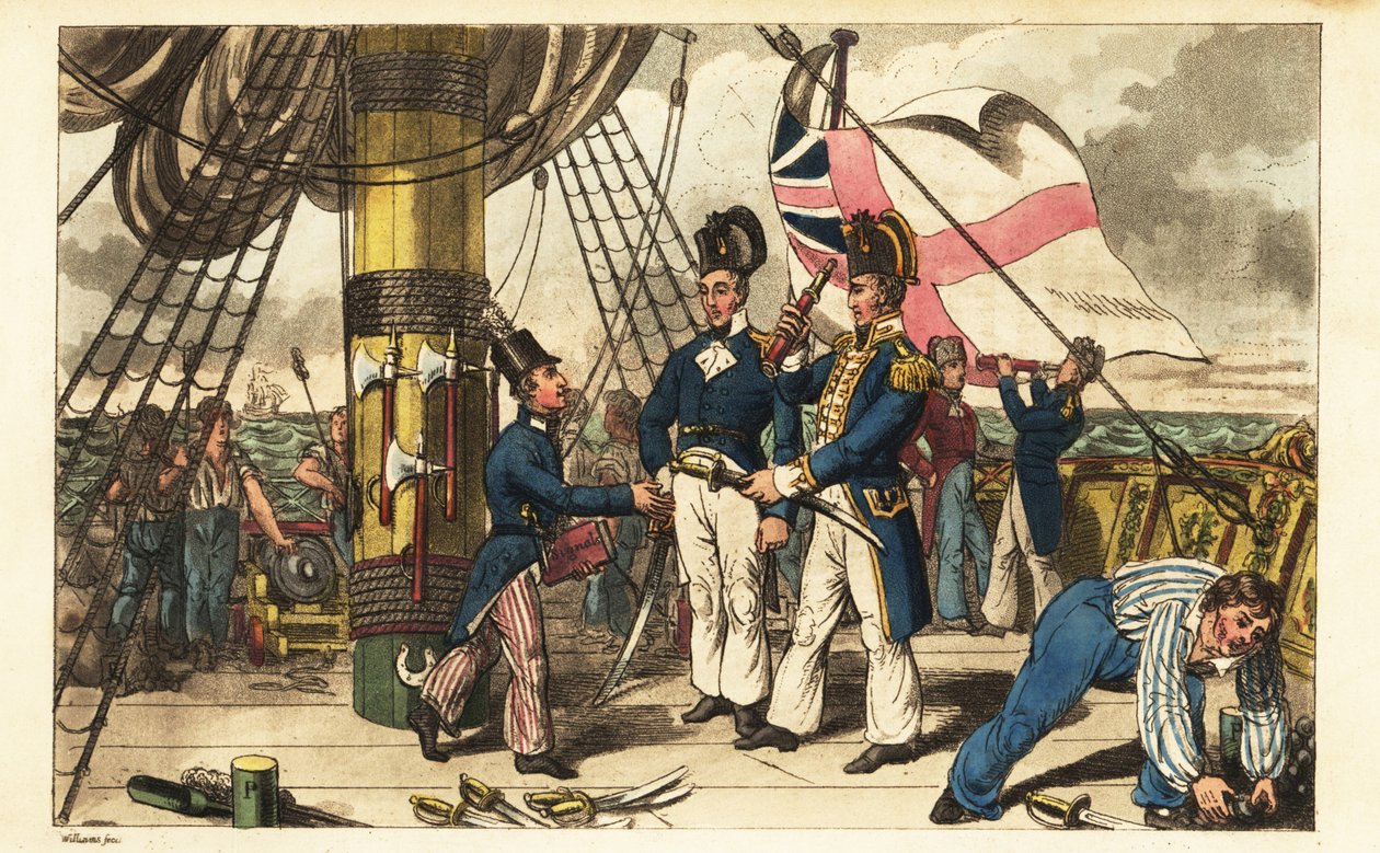 Kapteeni Spring tekee Midshipman Newcomesta avustajansa ja ojentaa hänelle miekkansa HMS Victoryn kortsakannella tekijältä Charles (c.1797 1850) (after) Williams