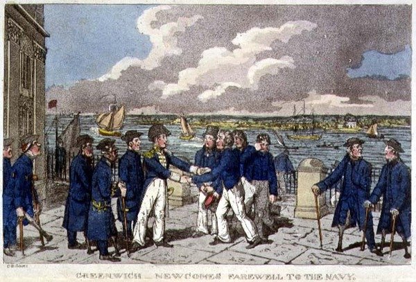 Greenwich, Newcomen jäähyväiset laivastolle, levy John Mitfordin (1782-1831) "The Adventures of Johnny Newcome in the Navy" -sarjasta 1818 (litho) tekijältä Charles (c.1797 1850) (after) Williams