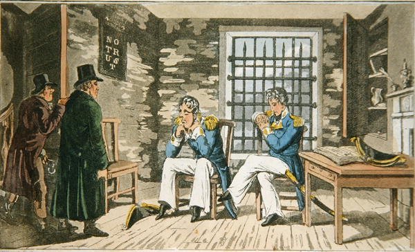 Laatta John Mitfordin (1782-1831) teoksesta "Johnny Newcomen seikkailut laivastossa" 1818 (värillinen akvatintta). tekijältä Charles (c.1797 1850) (after) Williams