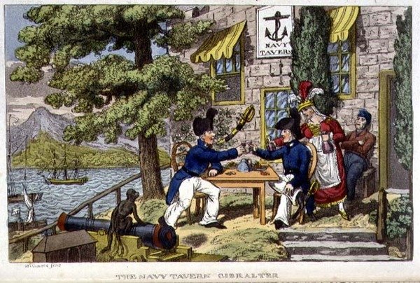 The Navy Tavern, Gibraltar, lautanen John Mitfordin (1782-1831) 1818 (litho) teoksesta "The Adventures of Johnny Newcome in the Navy" tekijältä Charles (c.1797 1850) (after) Williams