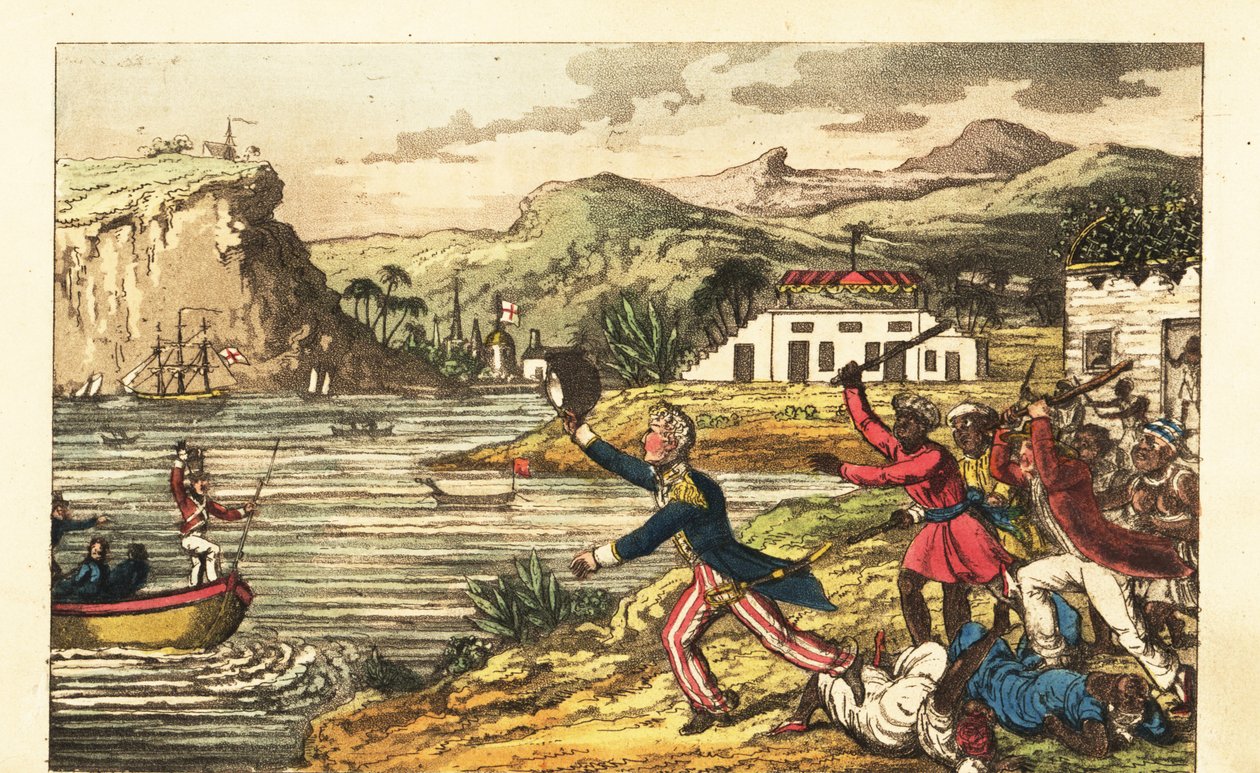 Englannin laivaston upseeri pakenemassa vihaista Massa-istuttajaa ja Quashee-orjuuttamia miehiä, jotka pitävät halailuja Jamaikalla tekijältä Charles (c.1797 1850) (after) Williams