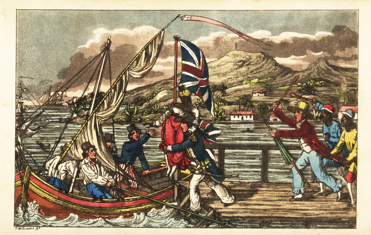 Englannin laivaston upseeri sieppaa orjuutetun naisen Barbadosin laiturilla, jota hänen omistajamiehensä ja istutustyöntekijät jahtaavat tekijältä Charles (c.1797 1850) (after) Williams