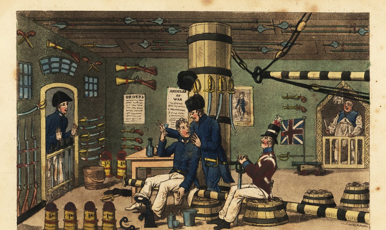 Midshipman Newcome suljettiin rautaketjuihin asehuoneeseen Doctor Pestlen osumisesta tekijältä Charles (c.1797 1850) (after) Williams