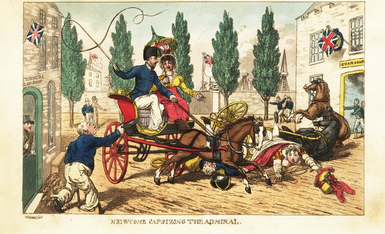 Midshipman Newcome törmäsi keikkansa amiraalin kahden hevoskärryyn Gosportissa tekijältä Charles (c.1797 1850) (after) Williams