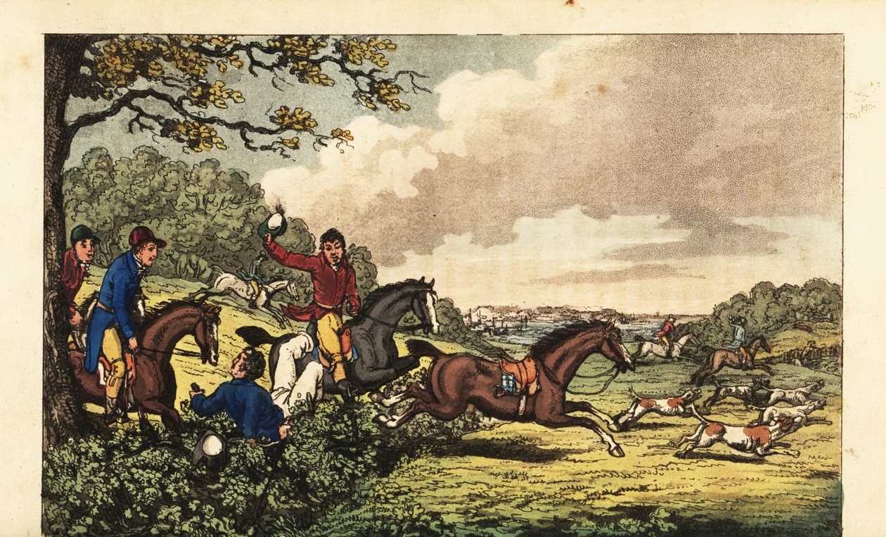 Midshipman Newcome putoaa pensasaitaan kettua metsästäessään lähellä Bertram Hallia tekijältä Charles (c.1797 1850) (after) Williams
