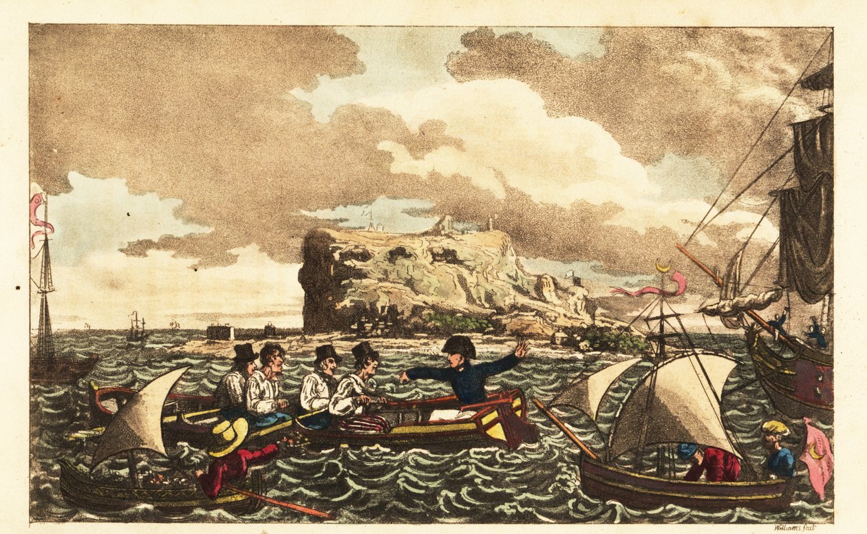 Midshipman Newcome siirrettiin soutuveneellä HMS Vanguardiin lähellä Gibraltaria tekijältä Charles (c.1797 1850) (after) Williams